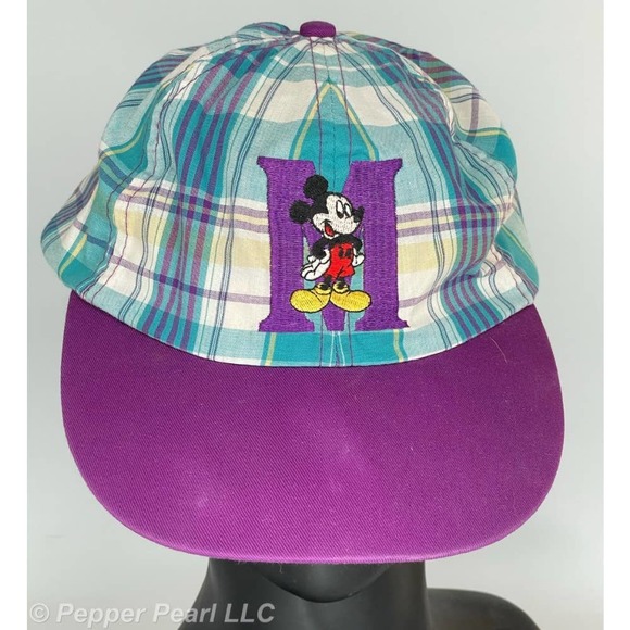 Mickey Mouse Embroidered Cap Vintage Cotton Purple Blue Plaid Fresh Caps Disney - Picture 1 of 9